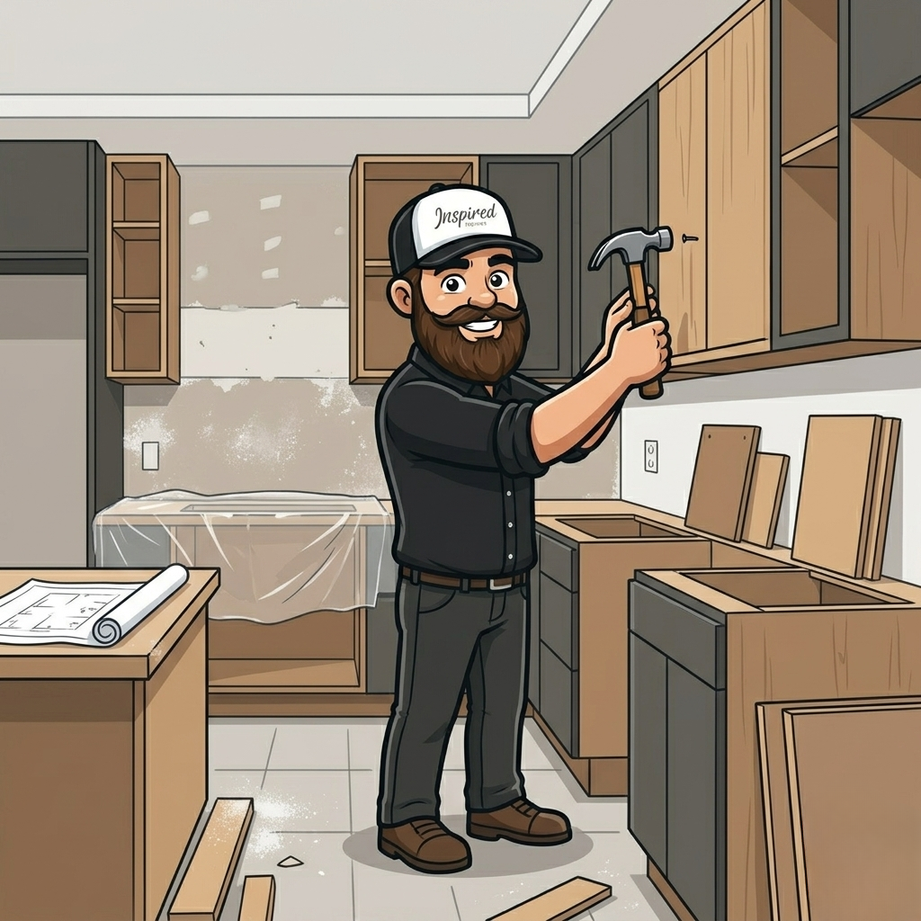 A cartoon handyman installing a cabinet in a kitchen