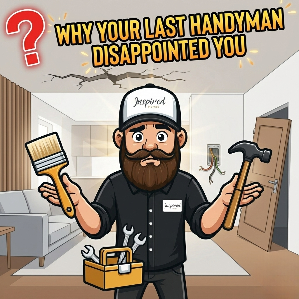 A handyman standing with shrugged shoulders inside a living room with many obvious repair problems